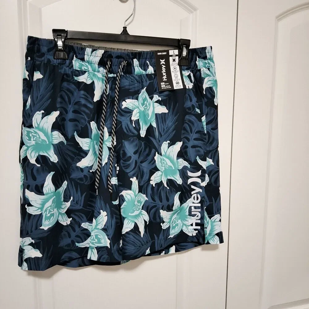 Hurley Men's Logo Stretch UPF 50+ Swim Shorts Blue Tropical Size Large NWT